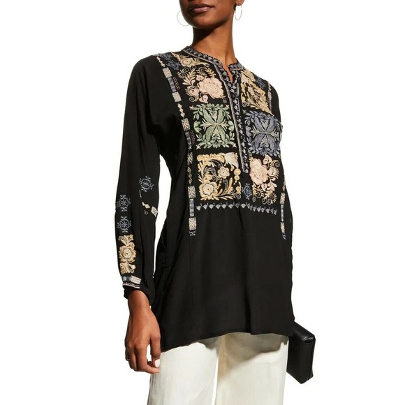Johnny Was Tops - Johnny Was Biya NWT Mrunal Embroidered Tunic Pockets Black Silk Sz S Long Slv